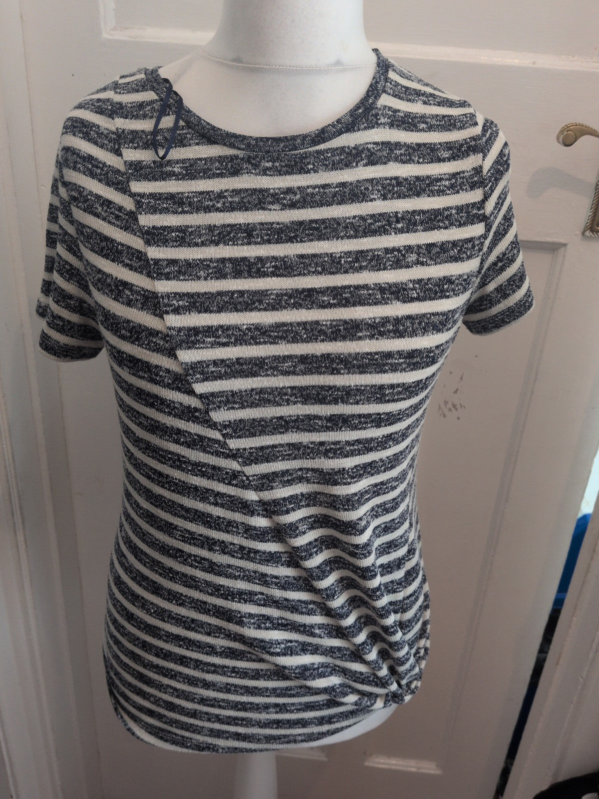 Tu 12 Navy And White Striped Uneven Hem Front Knot Short Sleeve Blouse