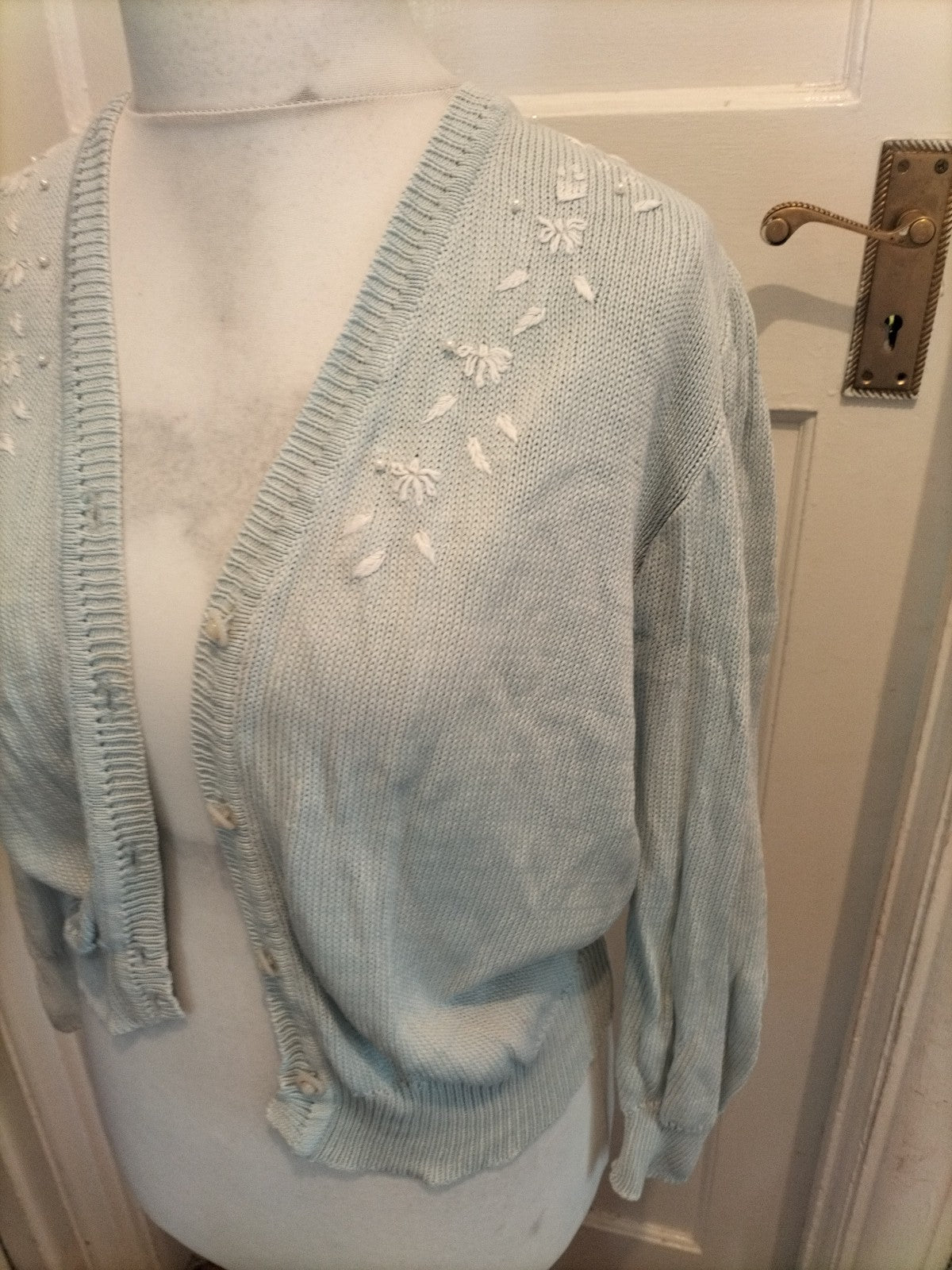 Ladies Giant Frediani Size Small Pale Blue Floral Embroidery Cardigan