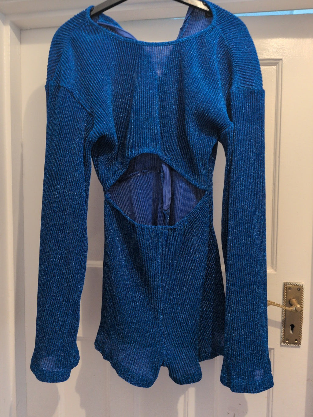 Ladies Prettylittlething 6 Shiny Blue Long Sleeve Ribbed Playsuit