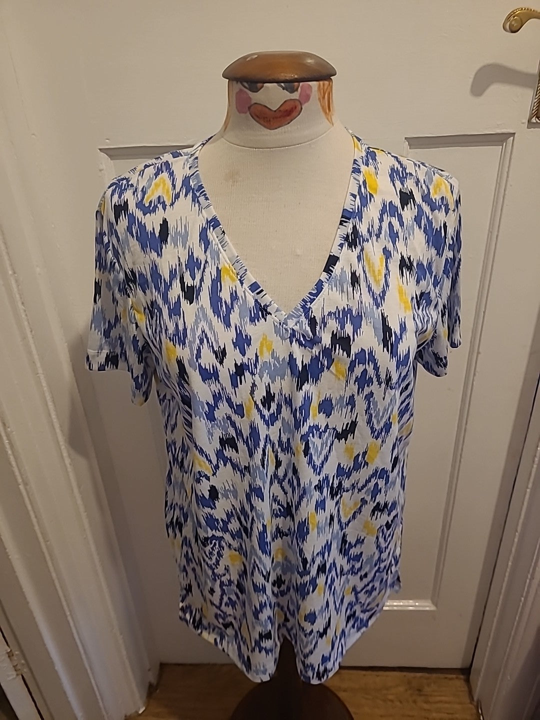 Ladies Marks And Spencer Size 12 Multi Yellow Blue Black Short Sleeved Tshirt