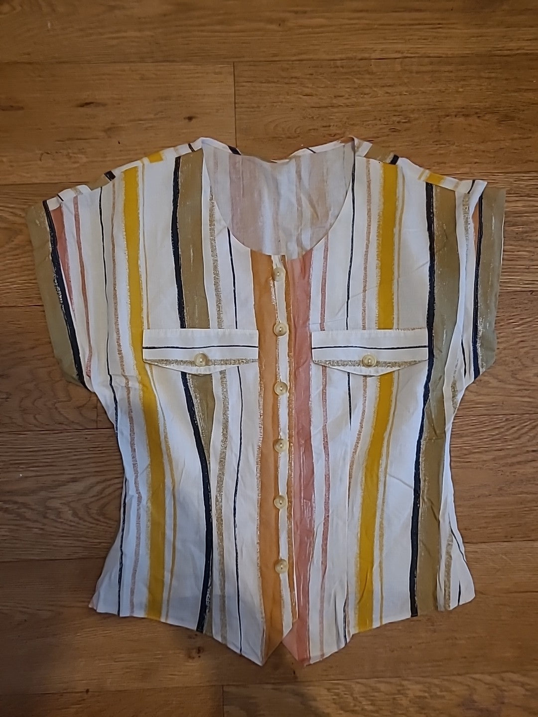 Ladies St Michael Size 10 Yellow/White Multi Striped Short Sleeved Blouse