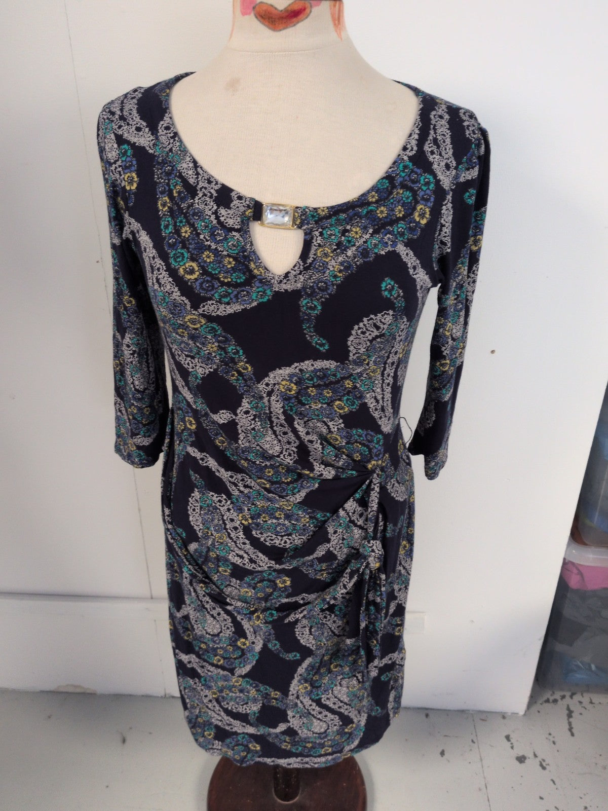 Debenhams 14 Navy With Floral Long Sleeve Dress