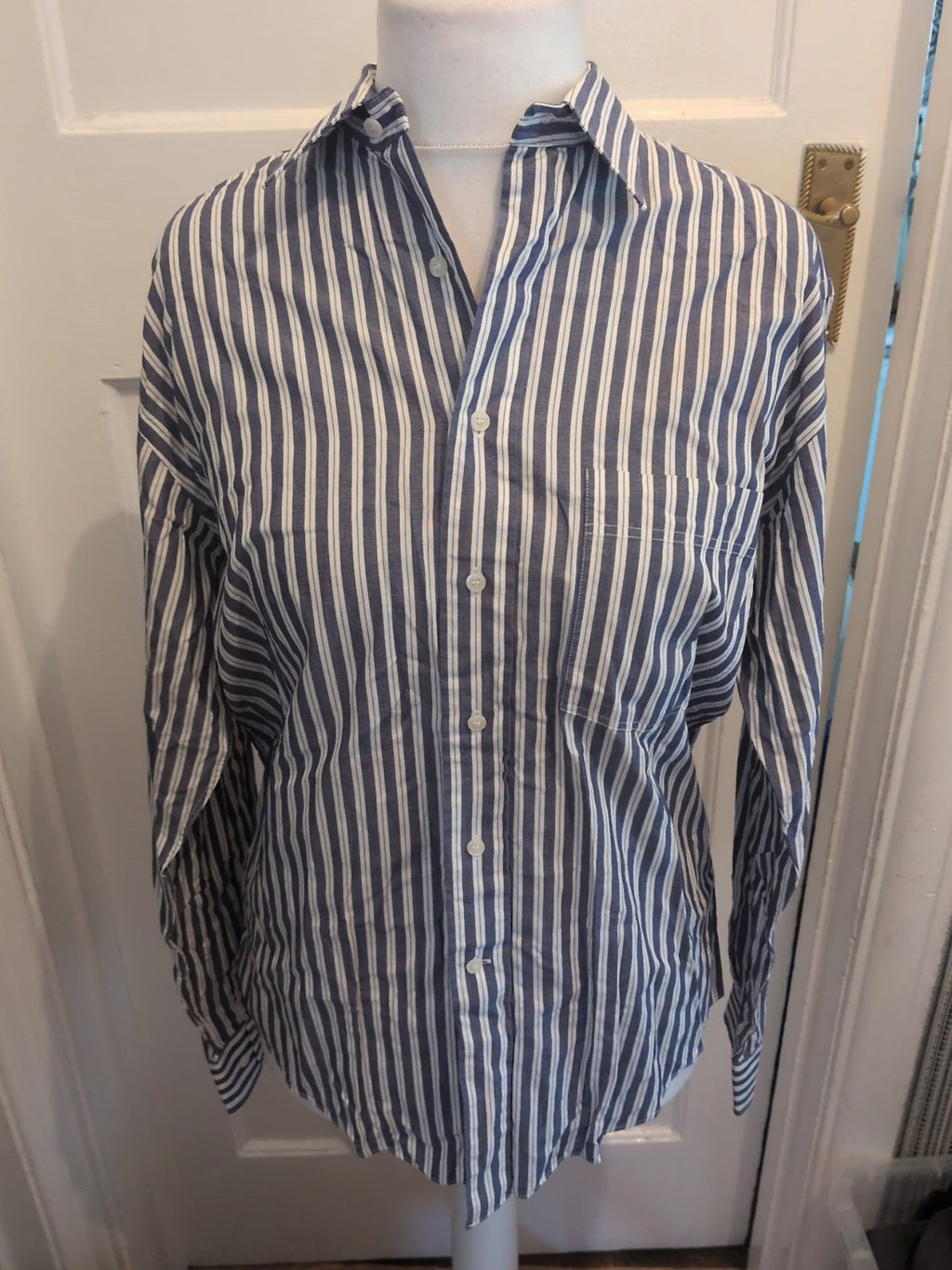 Mens Kurt Geiger Size 15 Navy And White Striped Long Sleeved Shirt