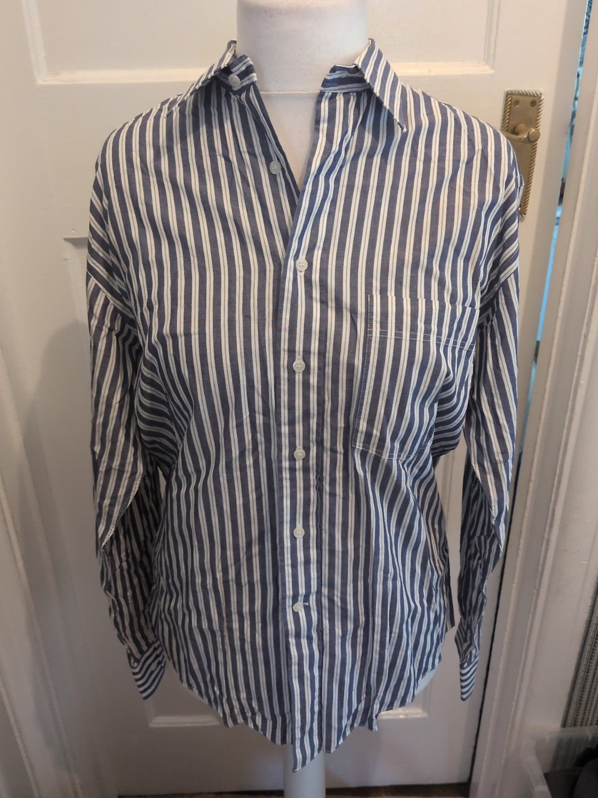 Mens Kurt Geiger Size 15 Navy And White Striped Long Sleeved Shirt