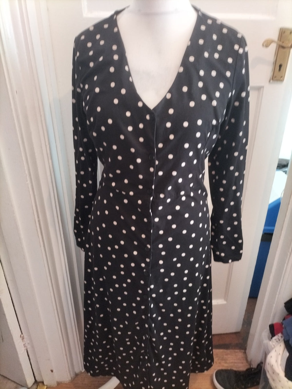 New Look 16 Black And White Polkadot Long Length Dress