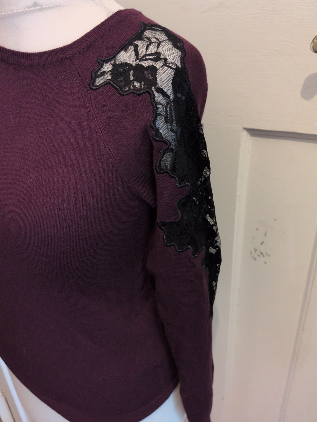 Debenhams 10 Deep Purple With Black Lace Sleeve Jumper