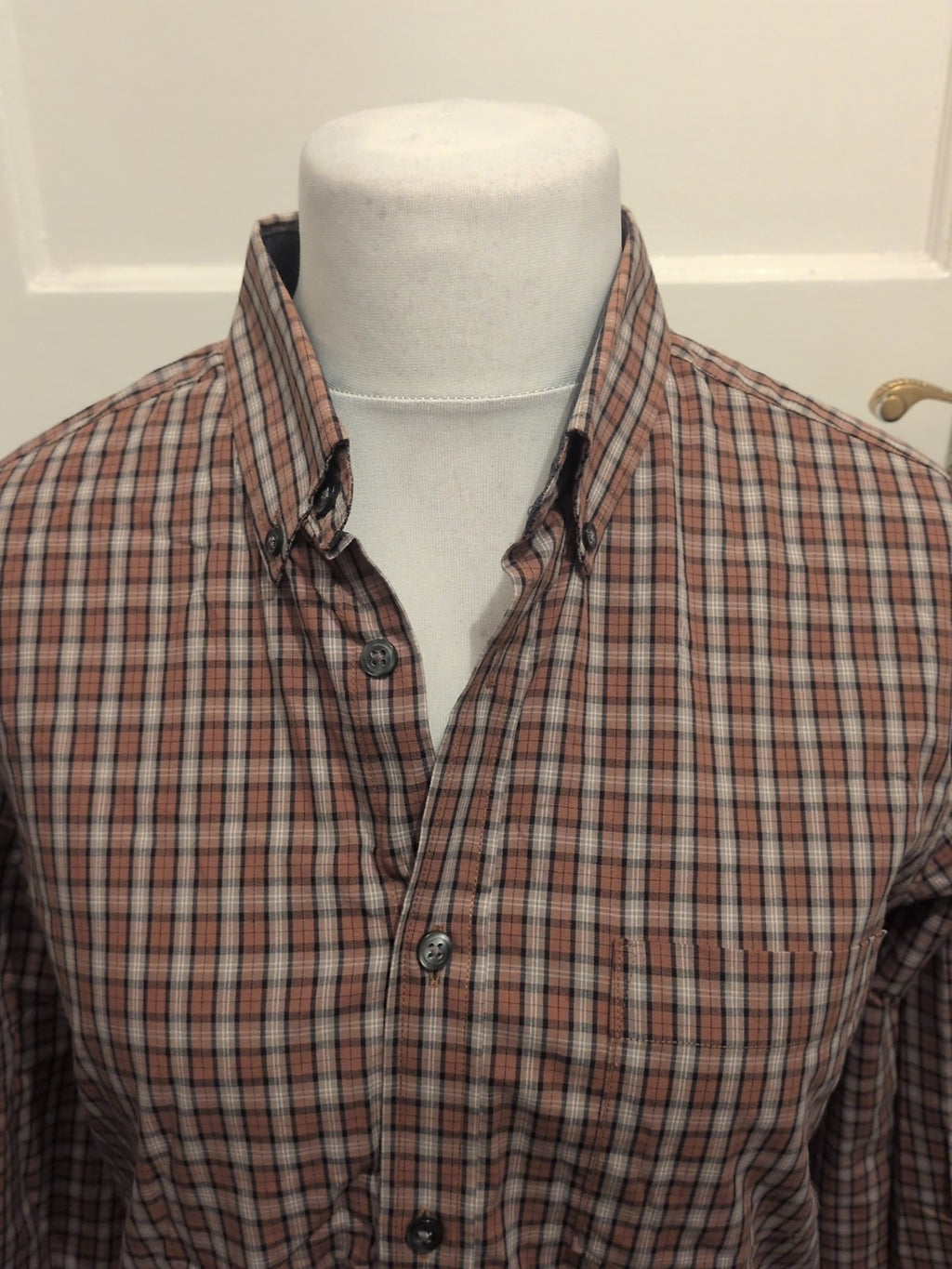 Mens M&S Size M Regular Fit Peached Pure Cotton Shirt Brown Check Long Sleeved