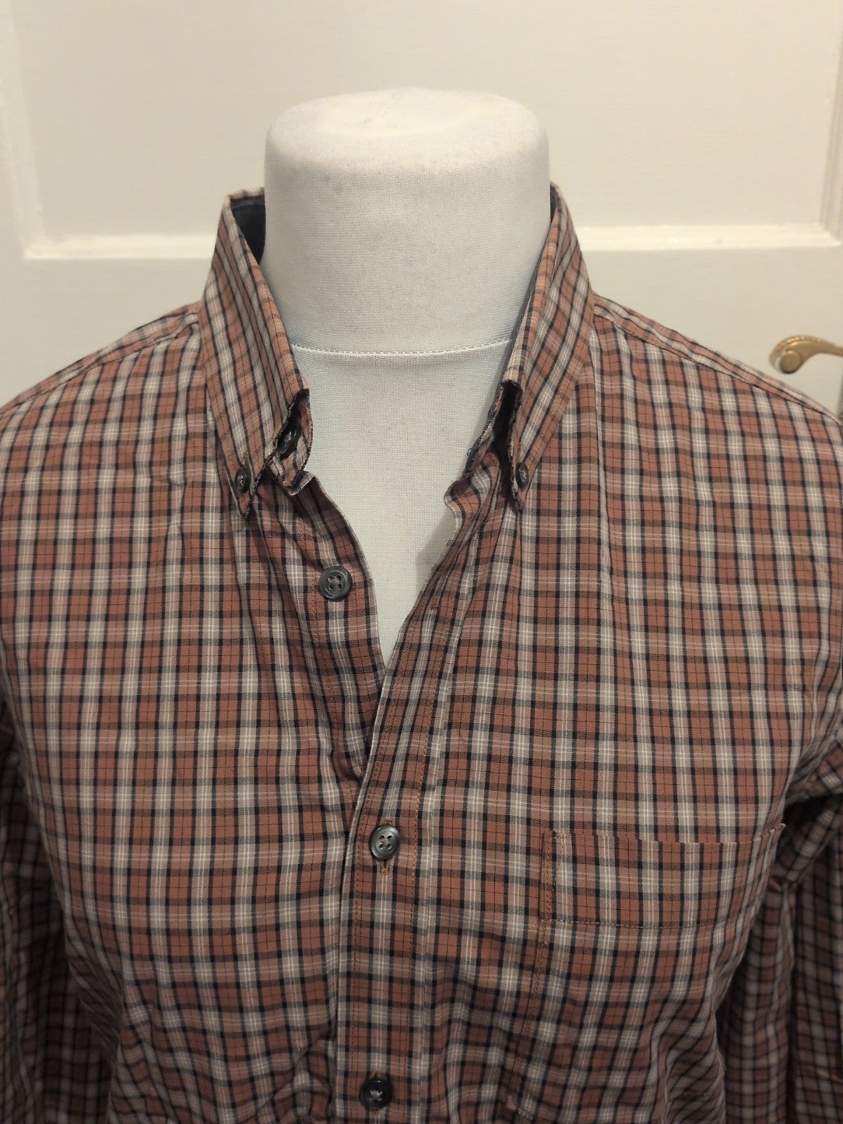 Mens M&S Size M Regular Fit Peached Pure Cotton Shirt Brown Check Long Sleeved