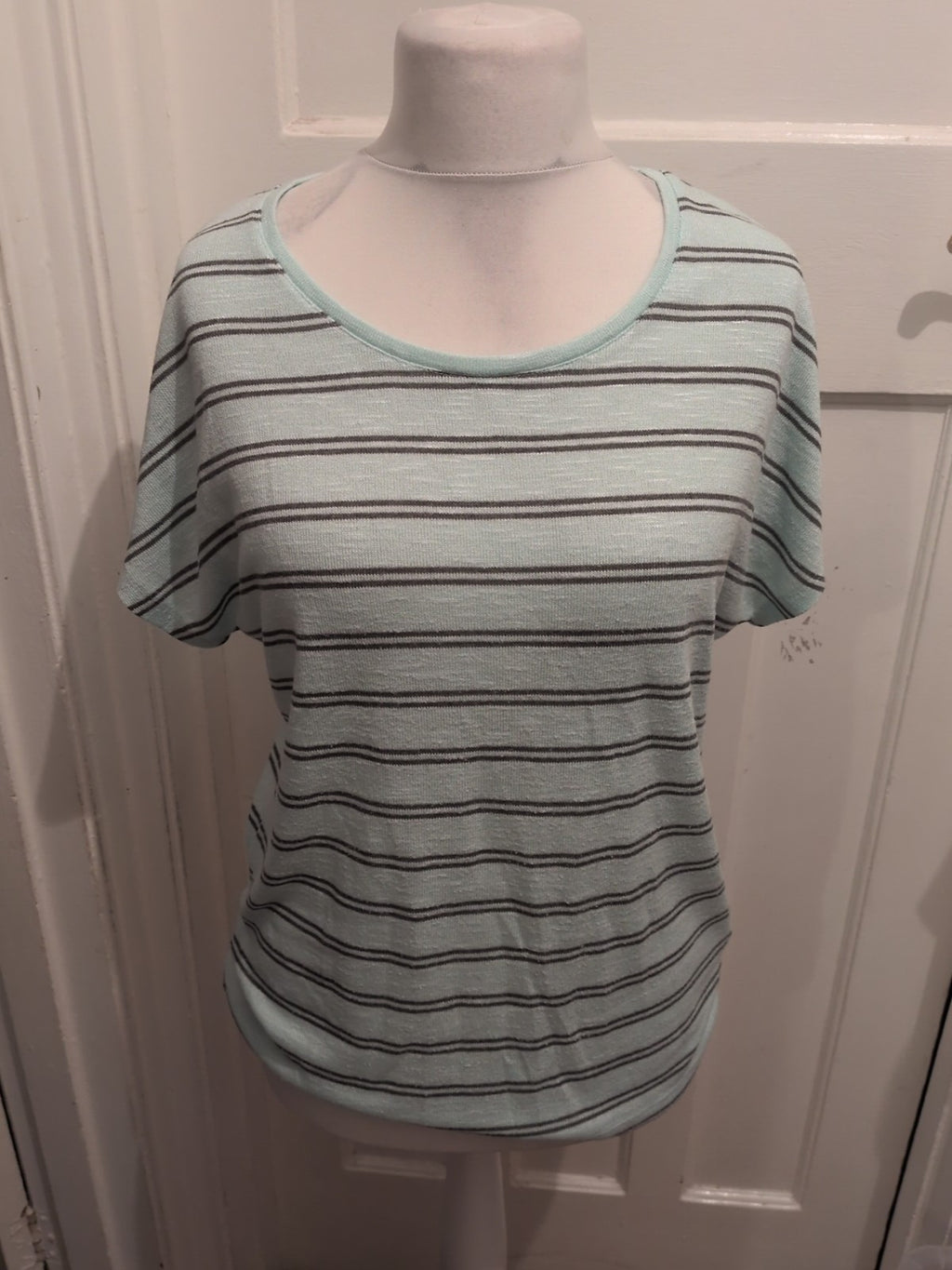 Viz.A.Viz 12/14 Pale Blue And Grey Striped Short Sleeve Blouse