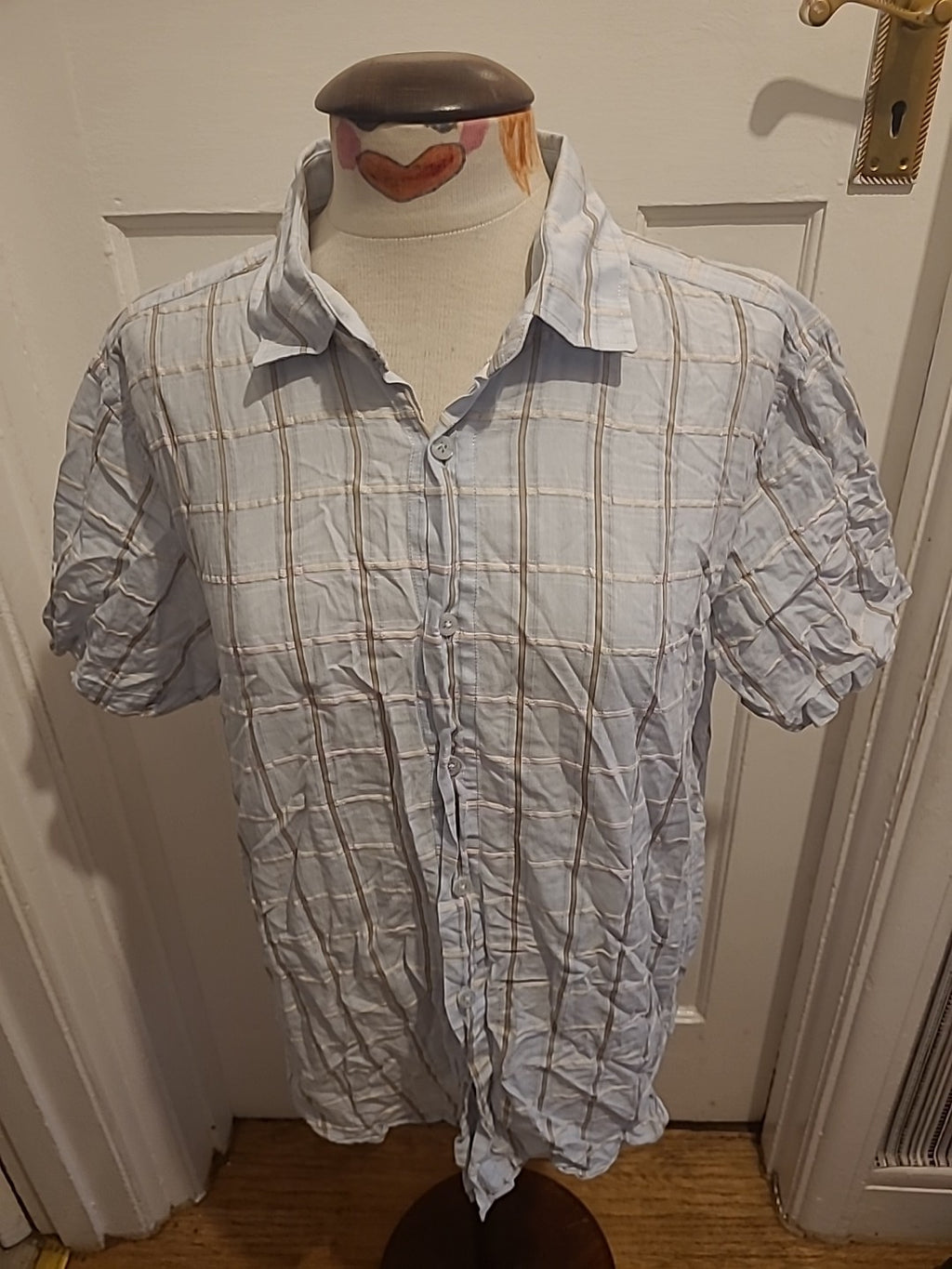 Mens Rocham.John Rocha Size Large Light blue white Gold Checked Short Sleeve...