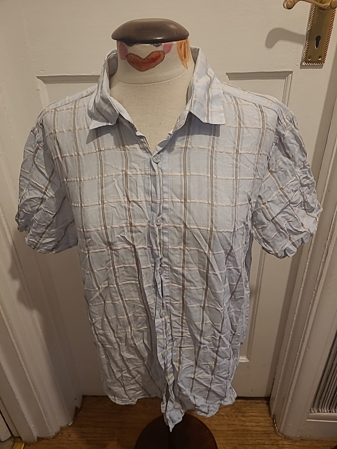 Mens Rocham.John Rocha Size Large Light blue white Gold Checked Short Sleeve...