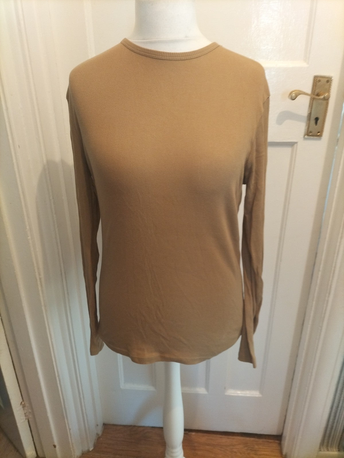 Mens River Island Size Small Slim Fit Beige Ribbed Long Sleeved Tshirt