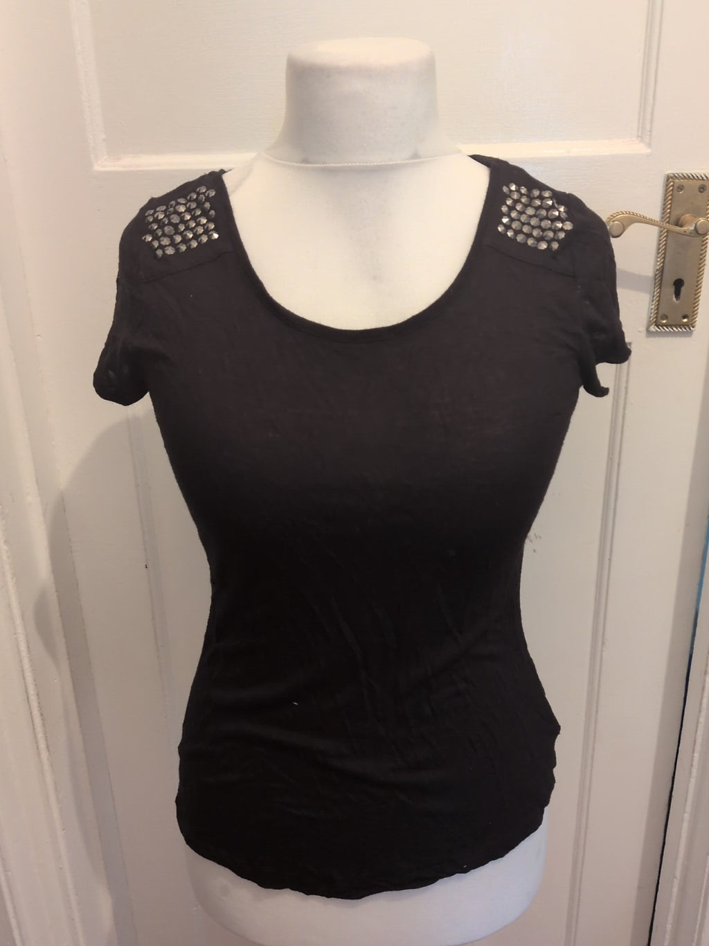 Ladies Esmara Size Small Black Stud Shoulder Short Sleeved T-shirt