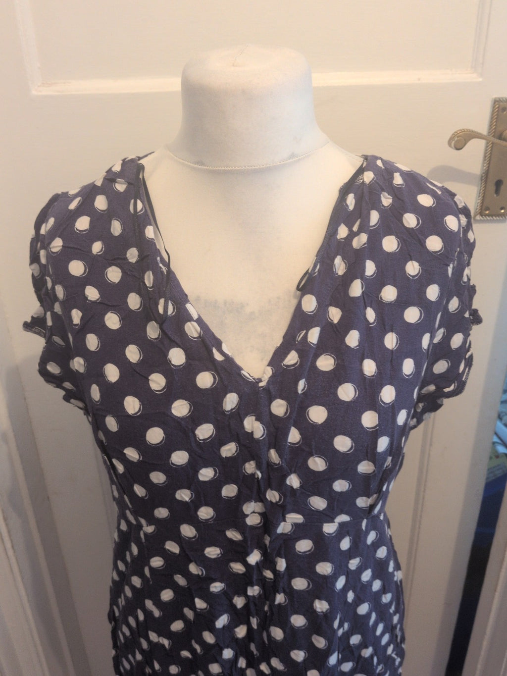 Ladies George Size 20 Navy And White Spot Short Sleeve Dress Knee-Midi