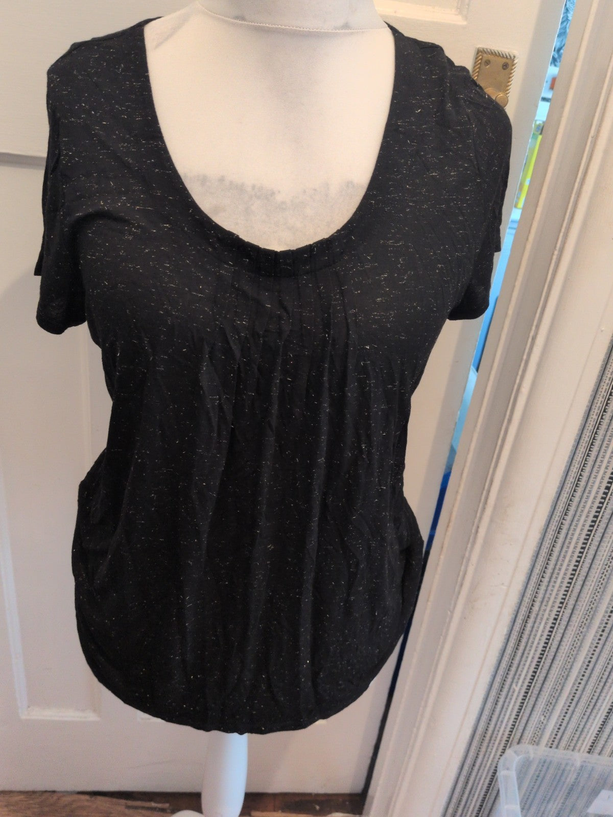 Marks And Spencer 14 Black With Gold Fleck Dashes Short Sleeved T-shirt Blouse