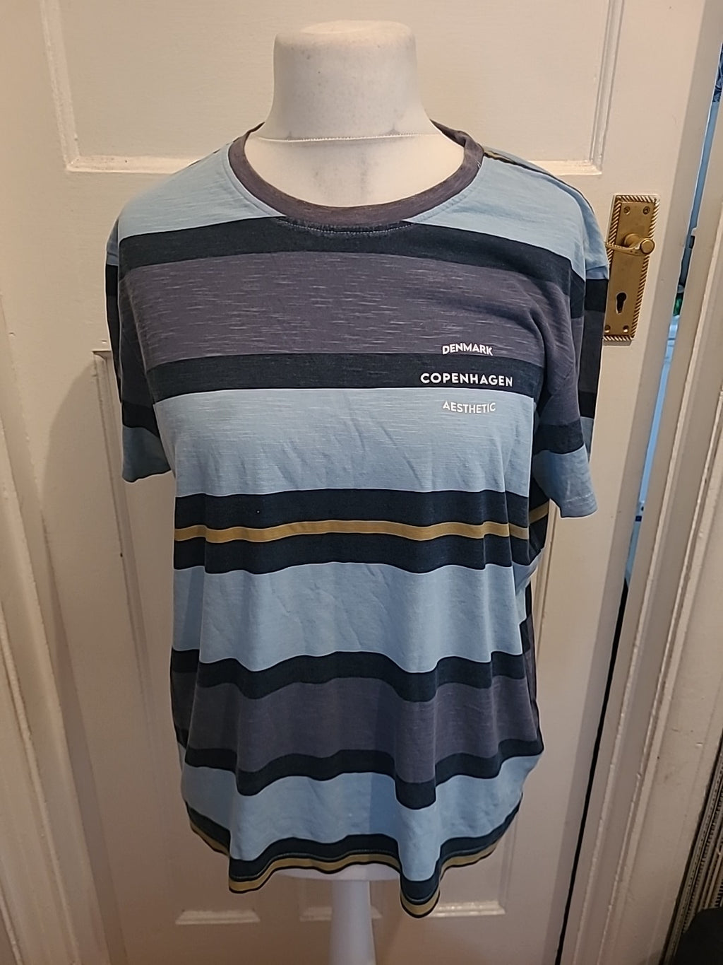 Mens Tu Size L Blue/Grey Striped Short Sleeved Tshirt