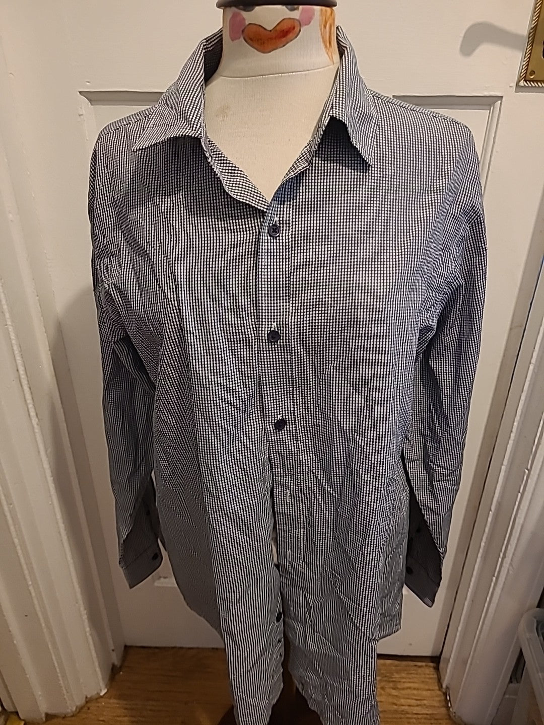 Mens George Size XL Navy White Tiny Check Shirt Long Sleeved