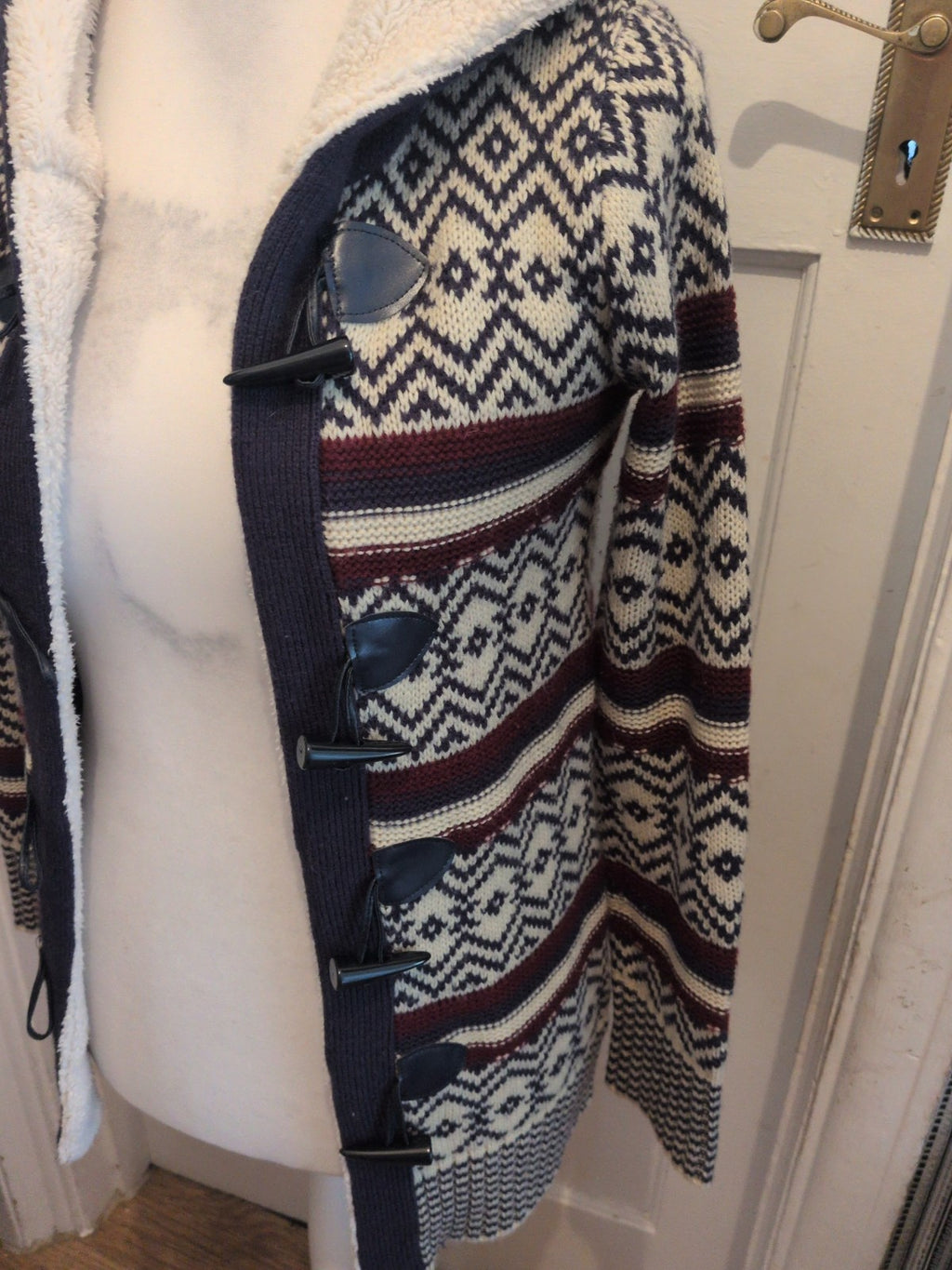 Ladies Beyou Size 8-10 Navy Patterned Hooded Cardigan Fleece Lined