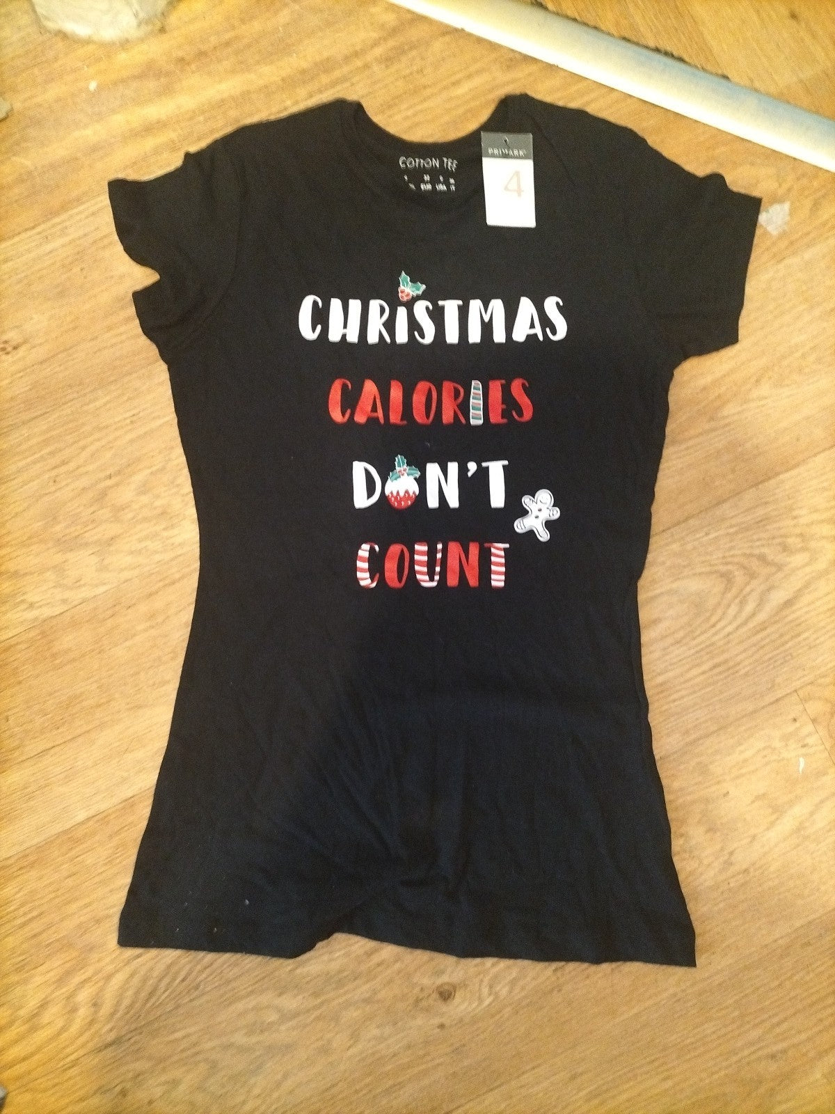 Brand New Ladies Primark Size 4 Black Cotton Printed Tee