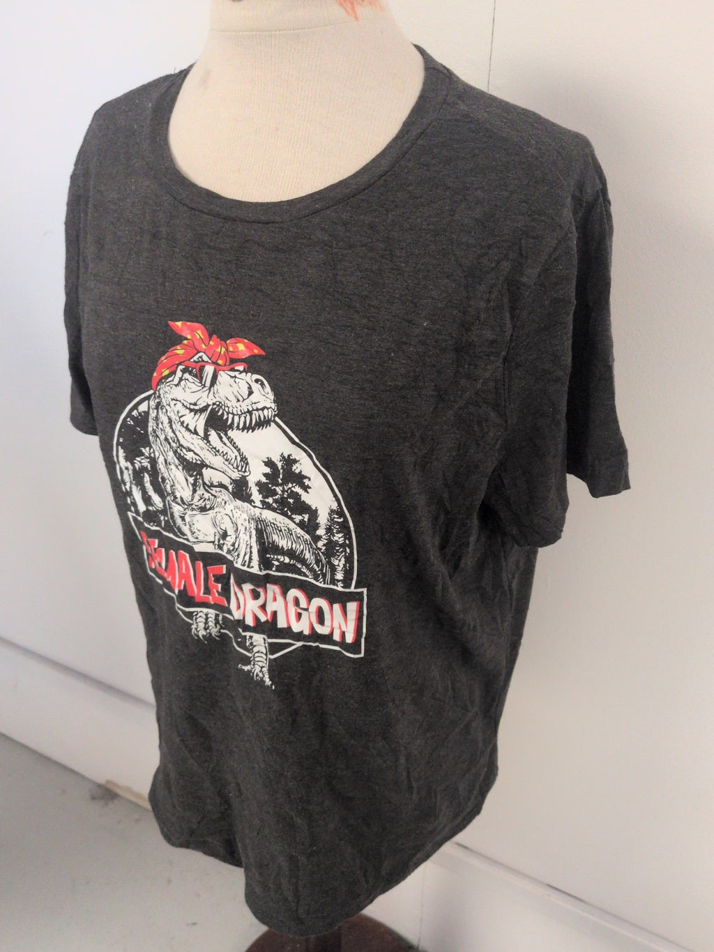 Ladies Size XL Grey Short Sleeve Female Dragon Print T-shirt