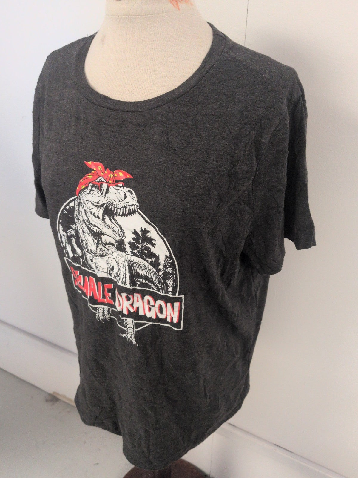 Ladies Size XL Grey Short Sleeve Female Dragon Print T-shirt