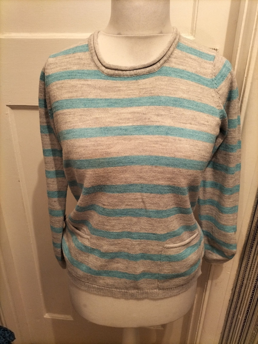 Ladies Dash Size 10 Blue And Grey Striped Jumper