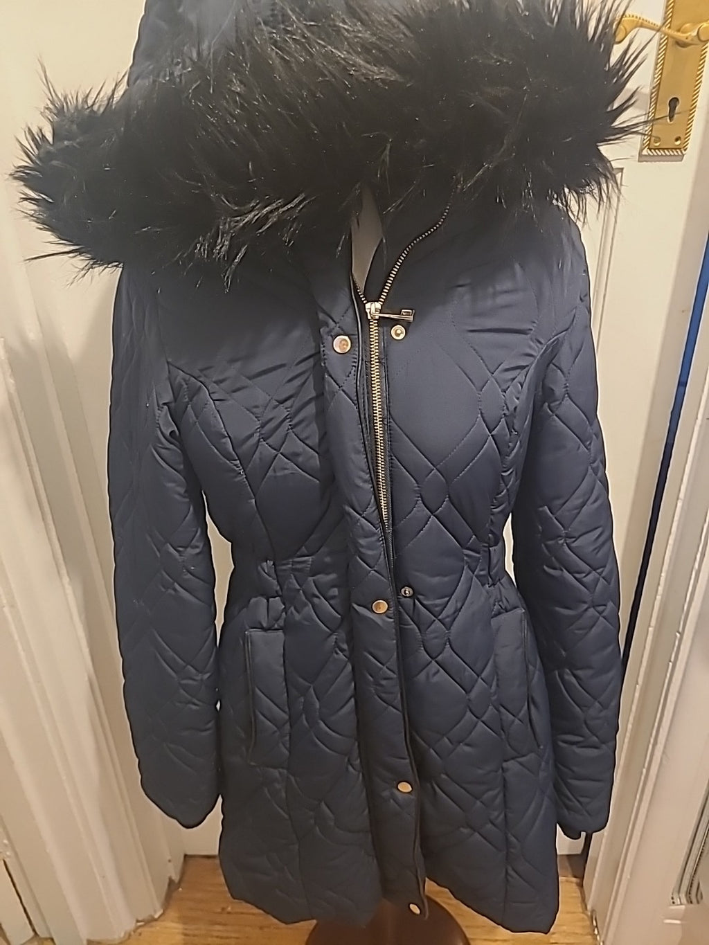 Ladies F&F Size 6 Navy Fleece Lined Faux Fur Coat