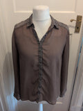 Ladies F&F 12 Brown Long Sleeve Buttoned Blouse leopard Print Trim