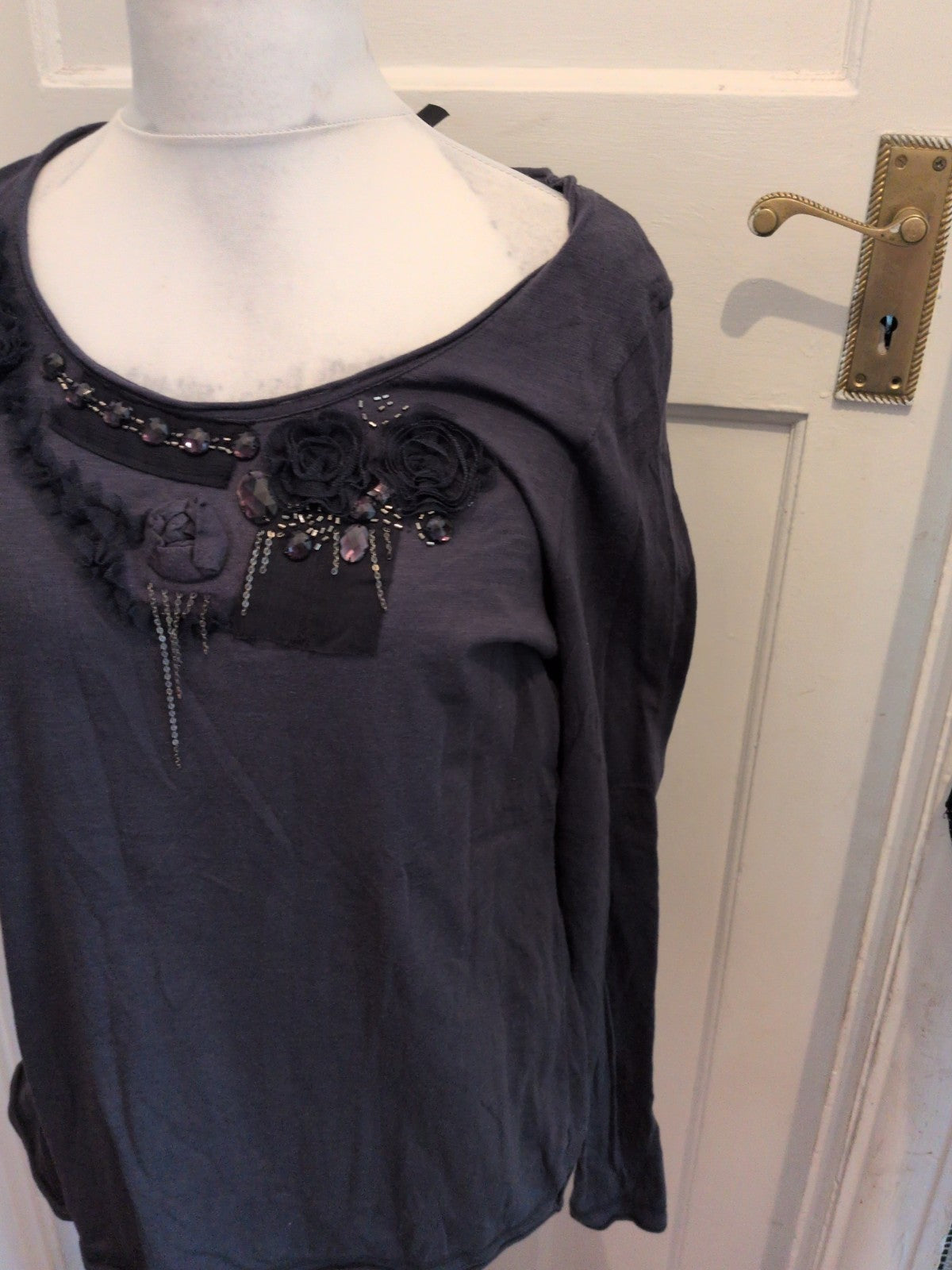 Marks And Spencer 20 Navy Floral Neck Long Sleeve Blouse