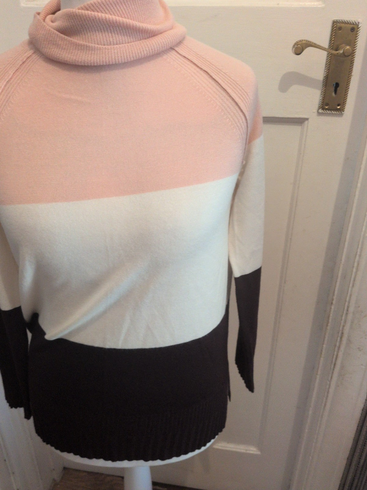 Ladies M&Co Size 8 Pink/White and Dark Brown High Neck Jumper