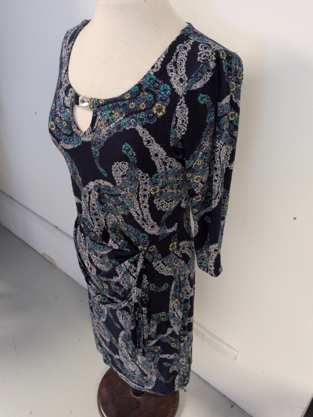 Debenhams 14 Navy With Floral Long Sleeve Dress