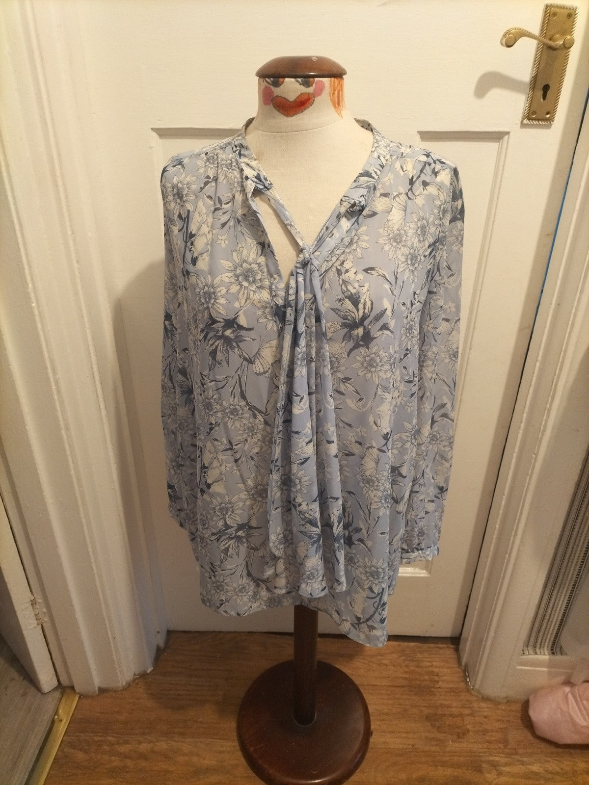 Ladies Papaya Size 12 Pale Grey/ Blue Floral Long Sleeve See Through Blouse