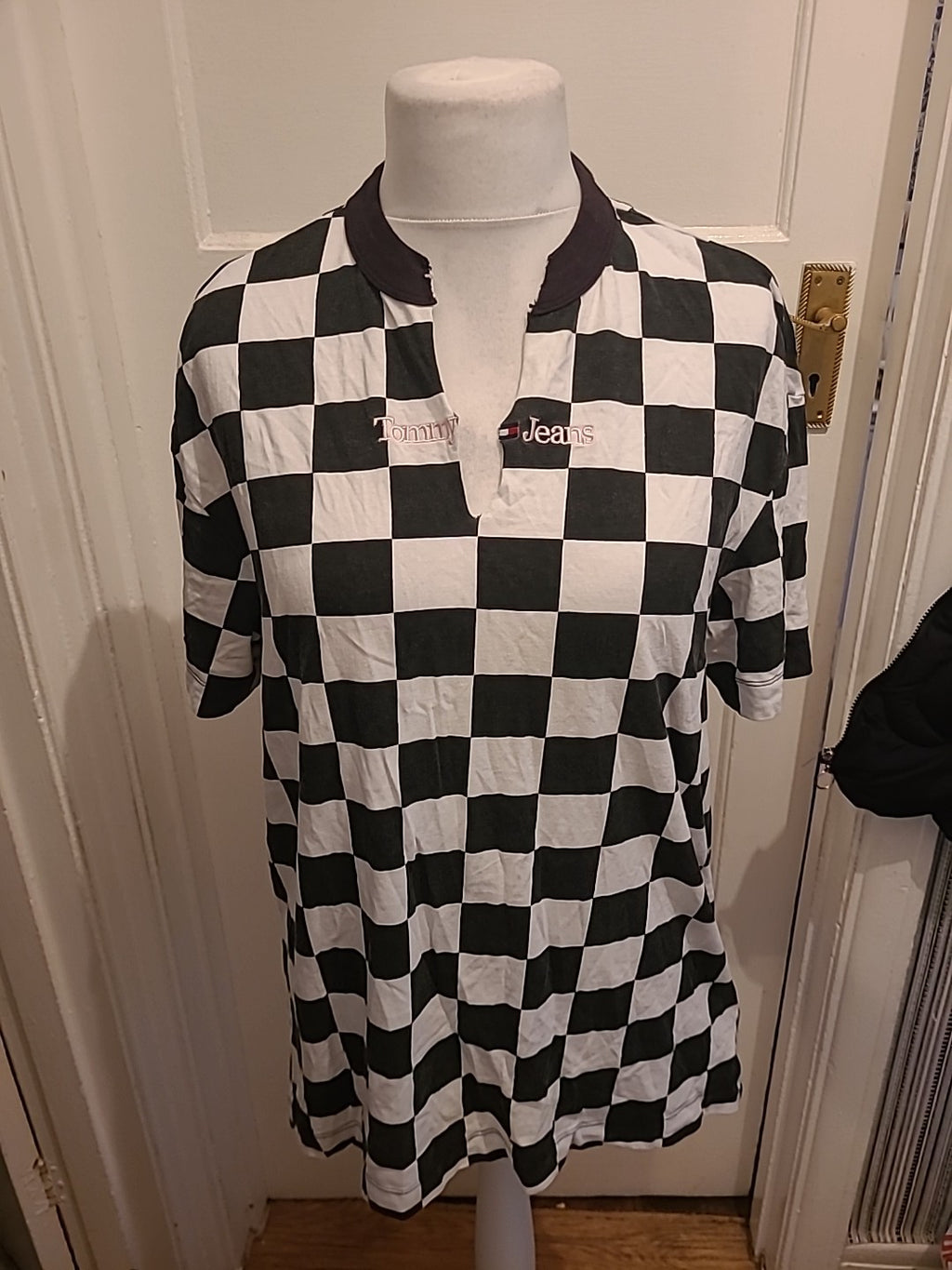 Mens Tommy Jeans Size Large Black And White Square Short Sleeved Polo