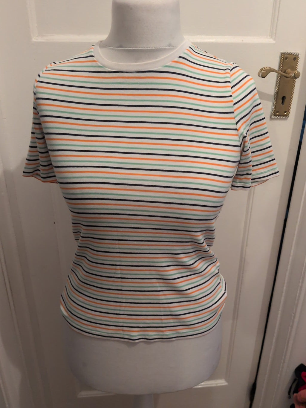 M&S Collection 10 Orange White Green Navy Striped T-shirt Short Sleeve