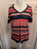 Large Coral And Navy Strip Short Sleeve T-shirt V Neck