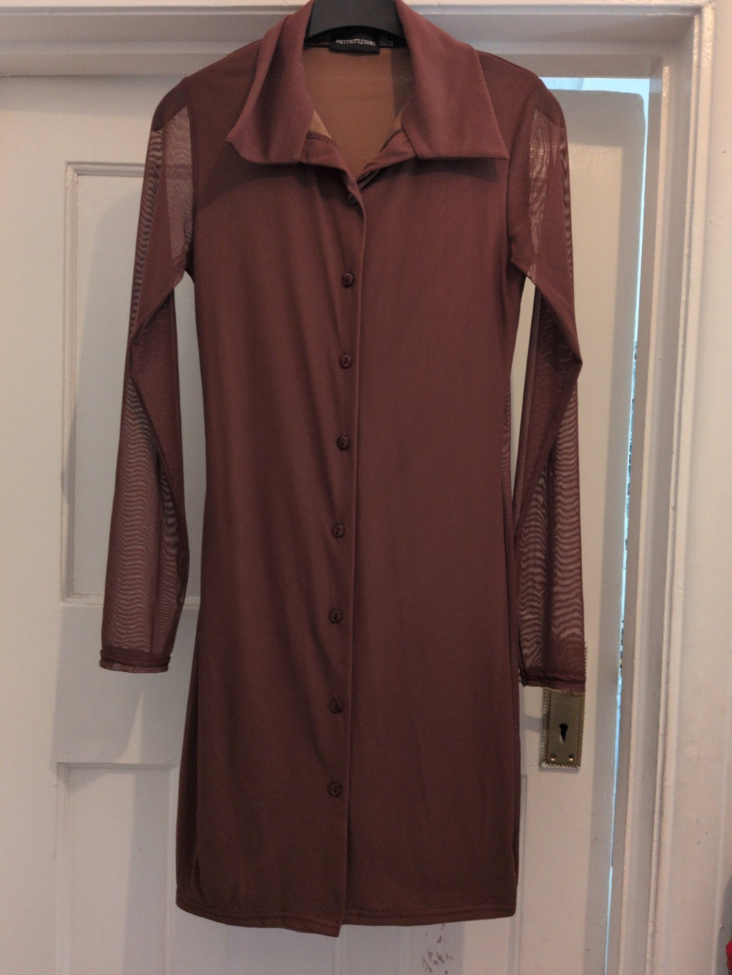 Prettylittlething 8 Brown Collared Long Sleeve Dress Midi