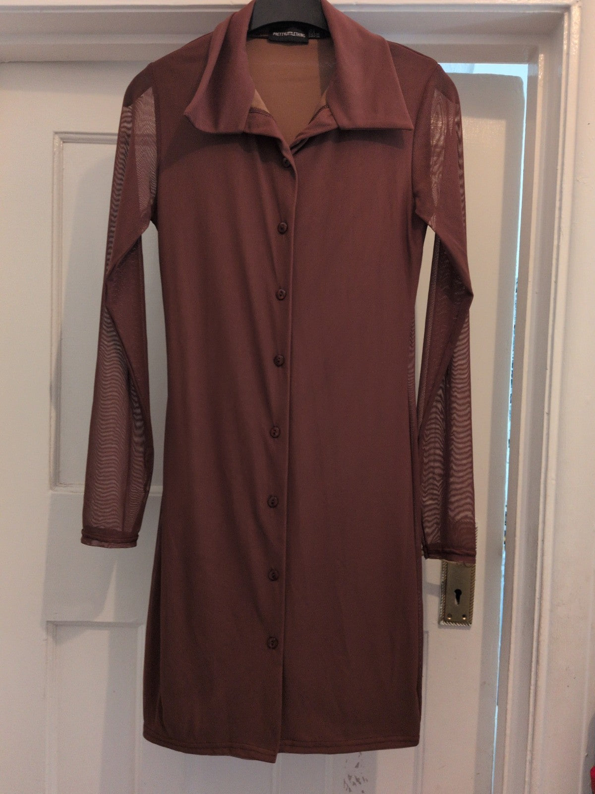Prettylittlething 8 Brown Collared Long Sleeve Dress Midi