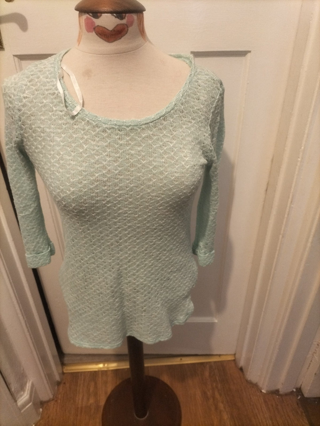 Ladies New Look Size 8 Pale Green Knitted Style Mid Sleeved Blouse