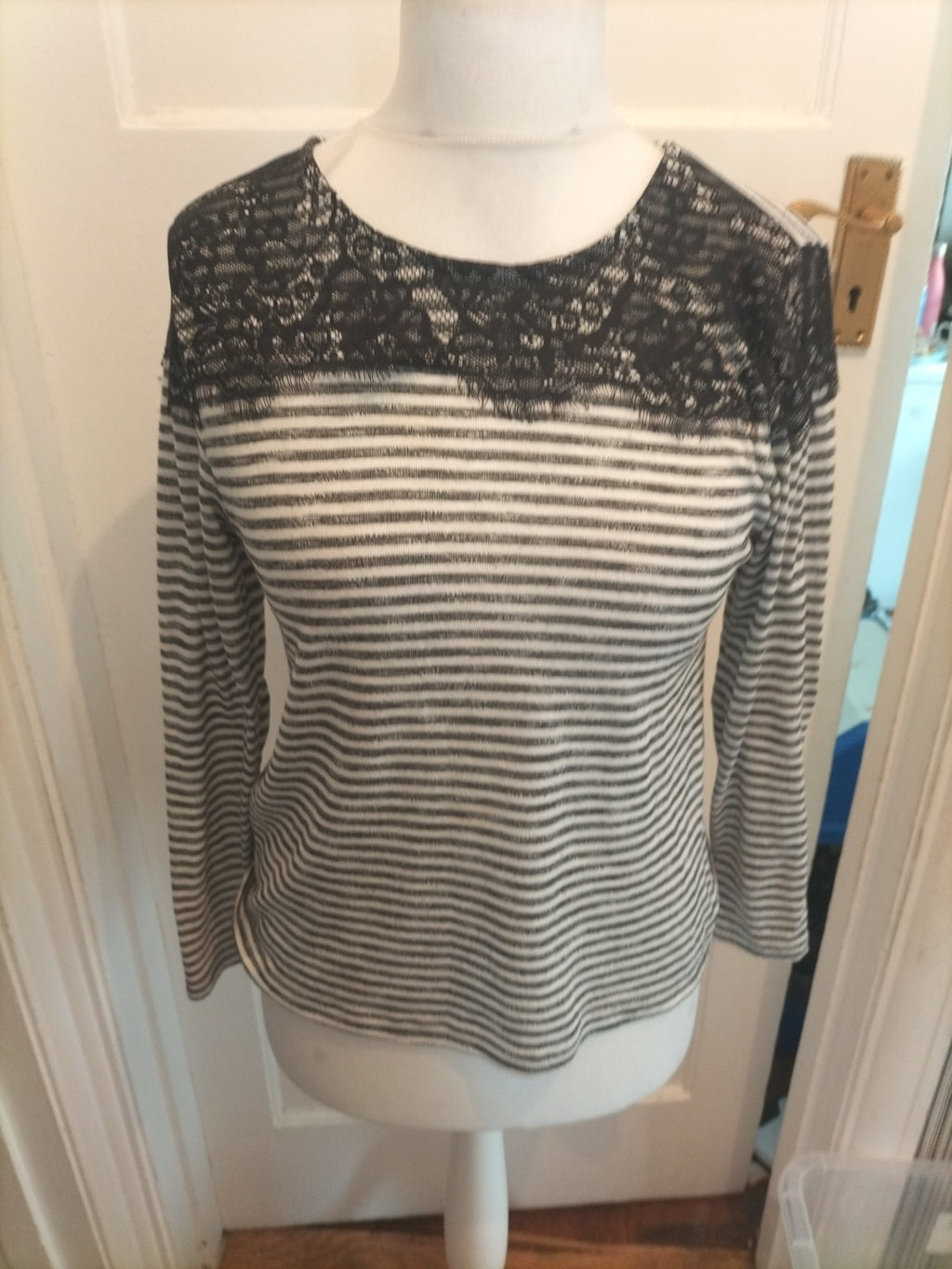 Primark 12 Grey White Striped With Black Lace Long Sleeve Blouse