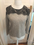 Primark 12 Grey White Striped With Black Lace Long Sleeve Blouse