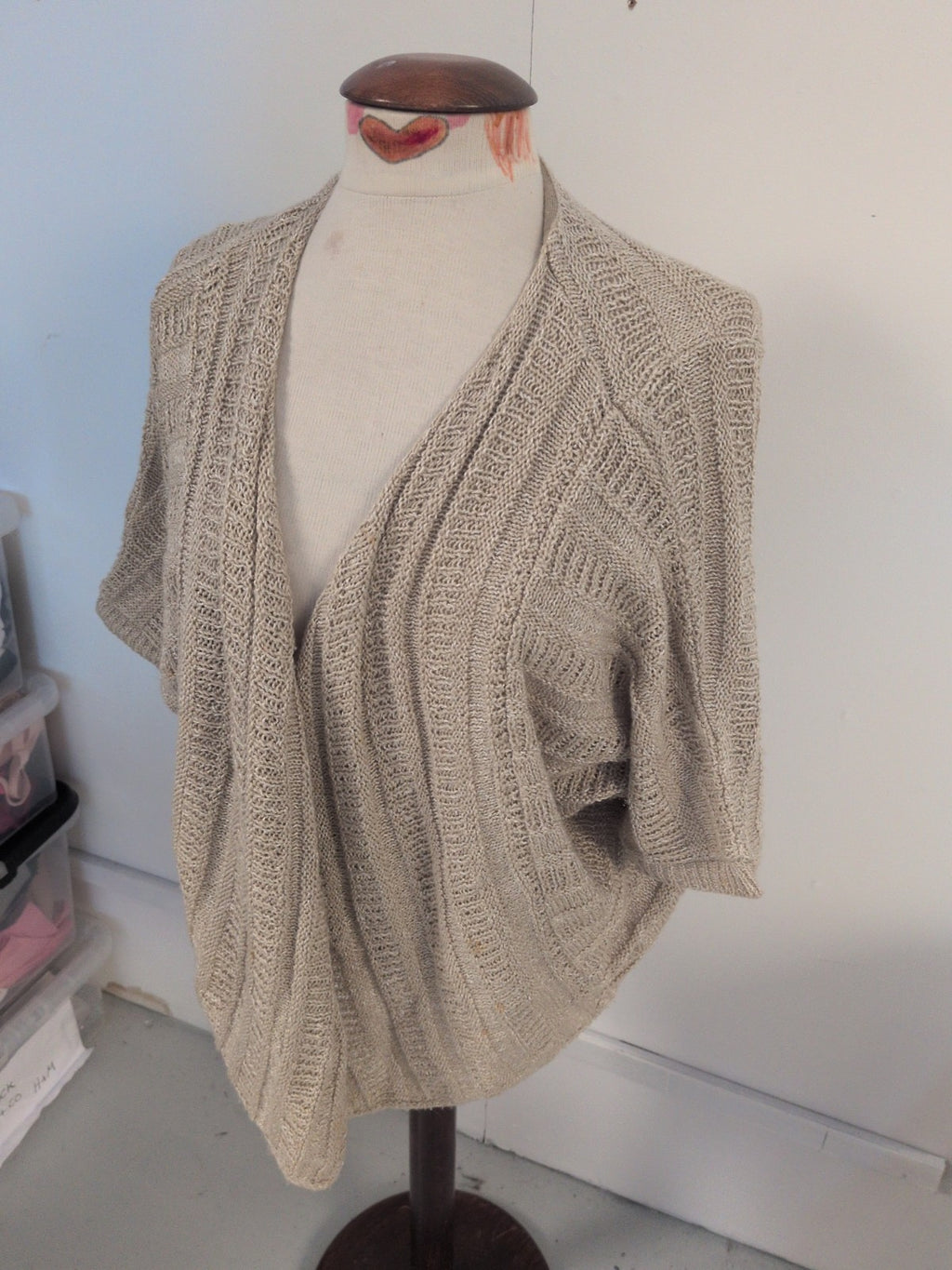 Per Una 14 Beige Knit Short Sleeve Waterfall Cardigan Open