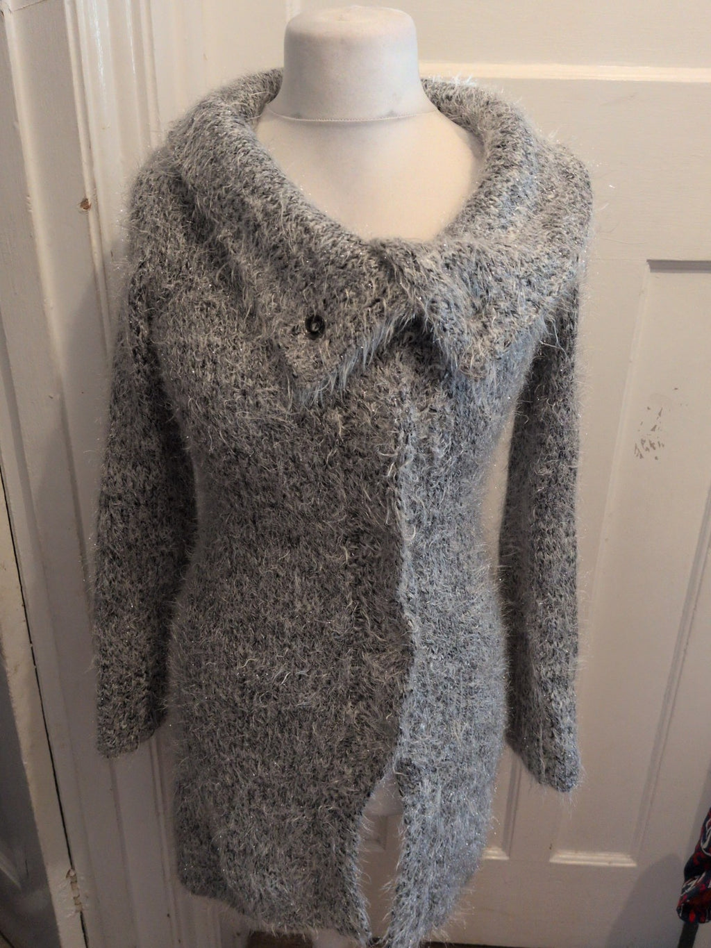 Ladies Small Silver Fluffy Jacket Long Length