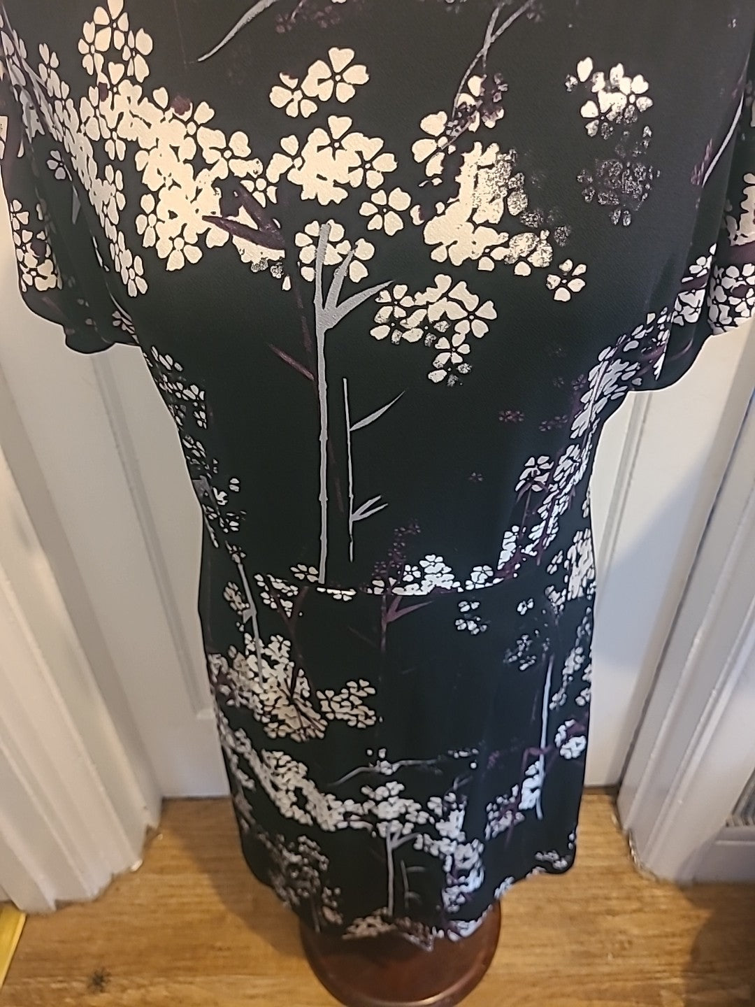 Ladies Next Size 12 Purple White Black Floral Short Sleeved Midi To Long Dress