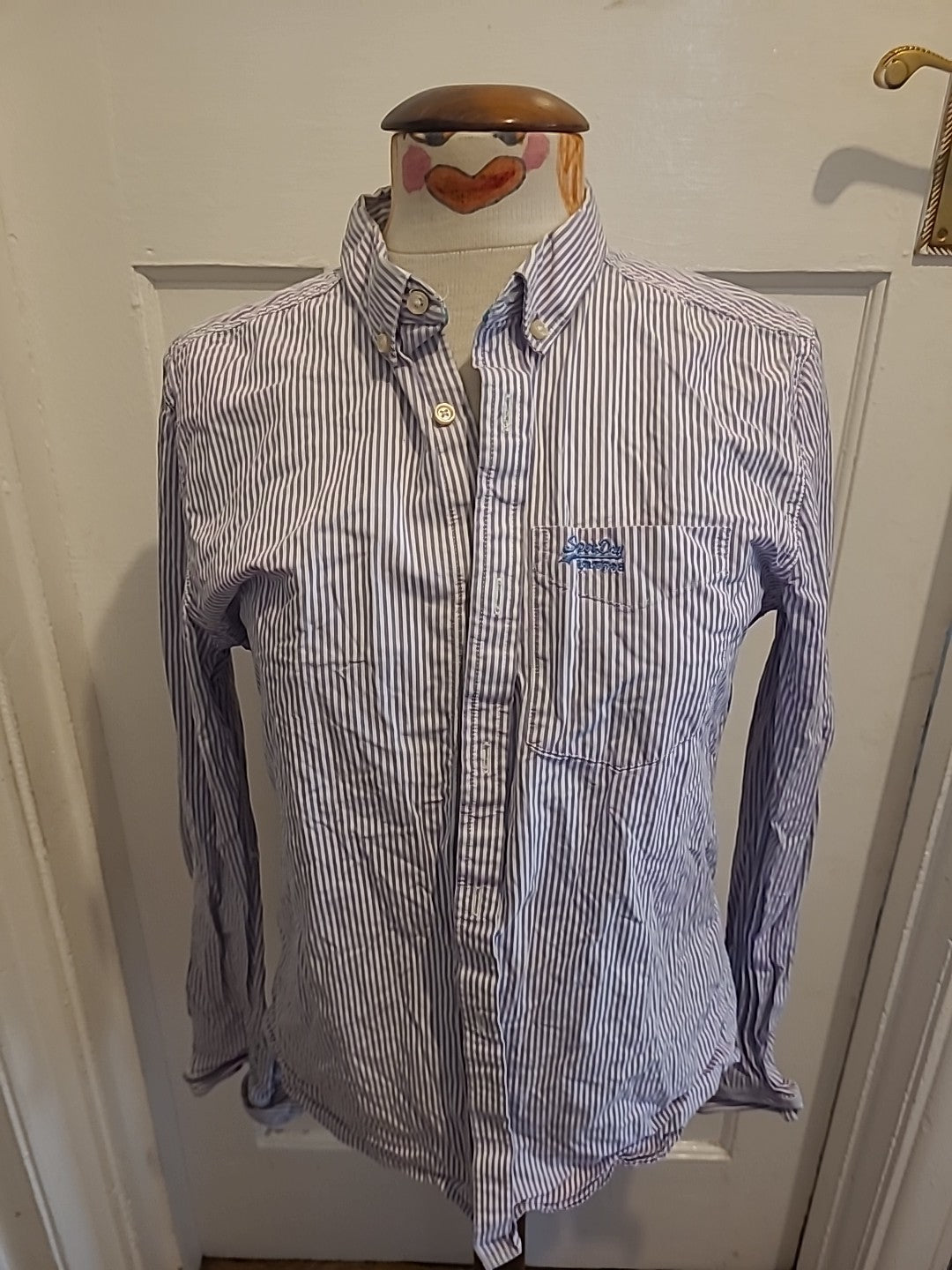 Mens Superdry Size Medium Pale Purple/ White Striped Long Sleeved Shirt