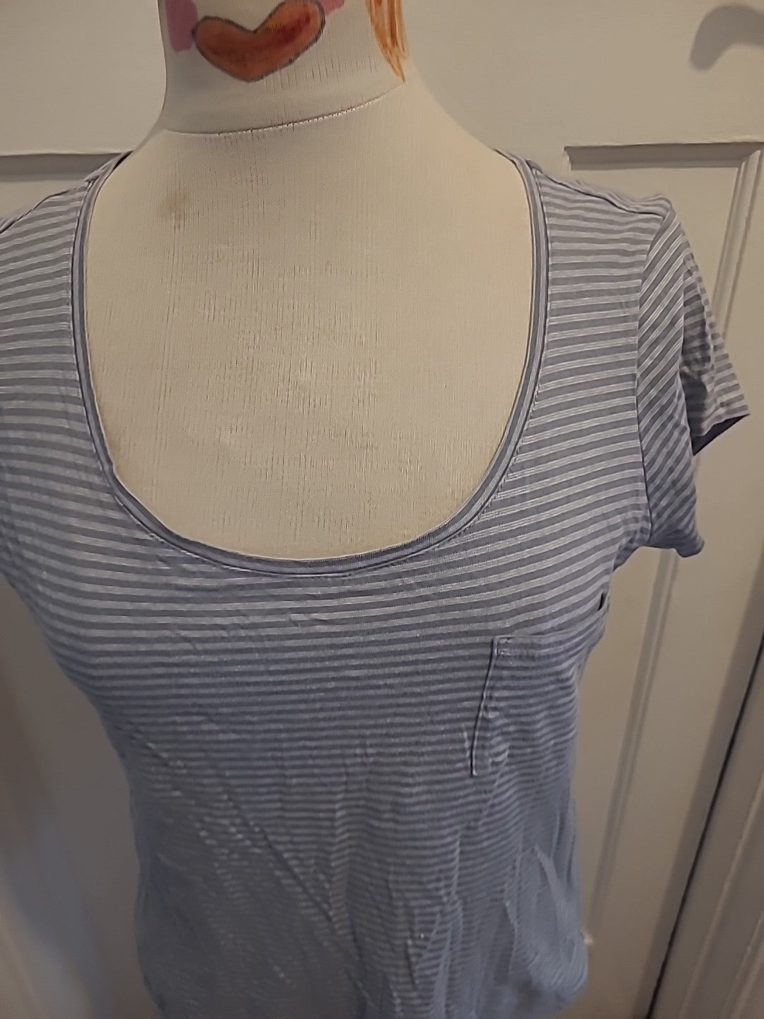 Ladies Sandwich Size Medium Grey White Striped Short Sleeved Tshirt