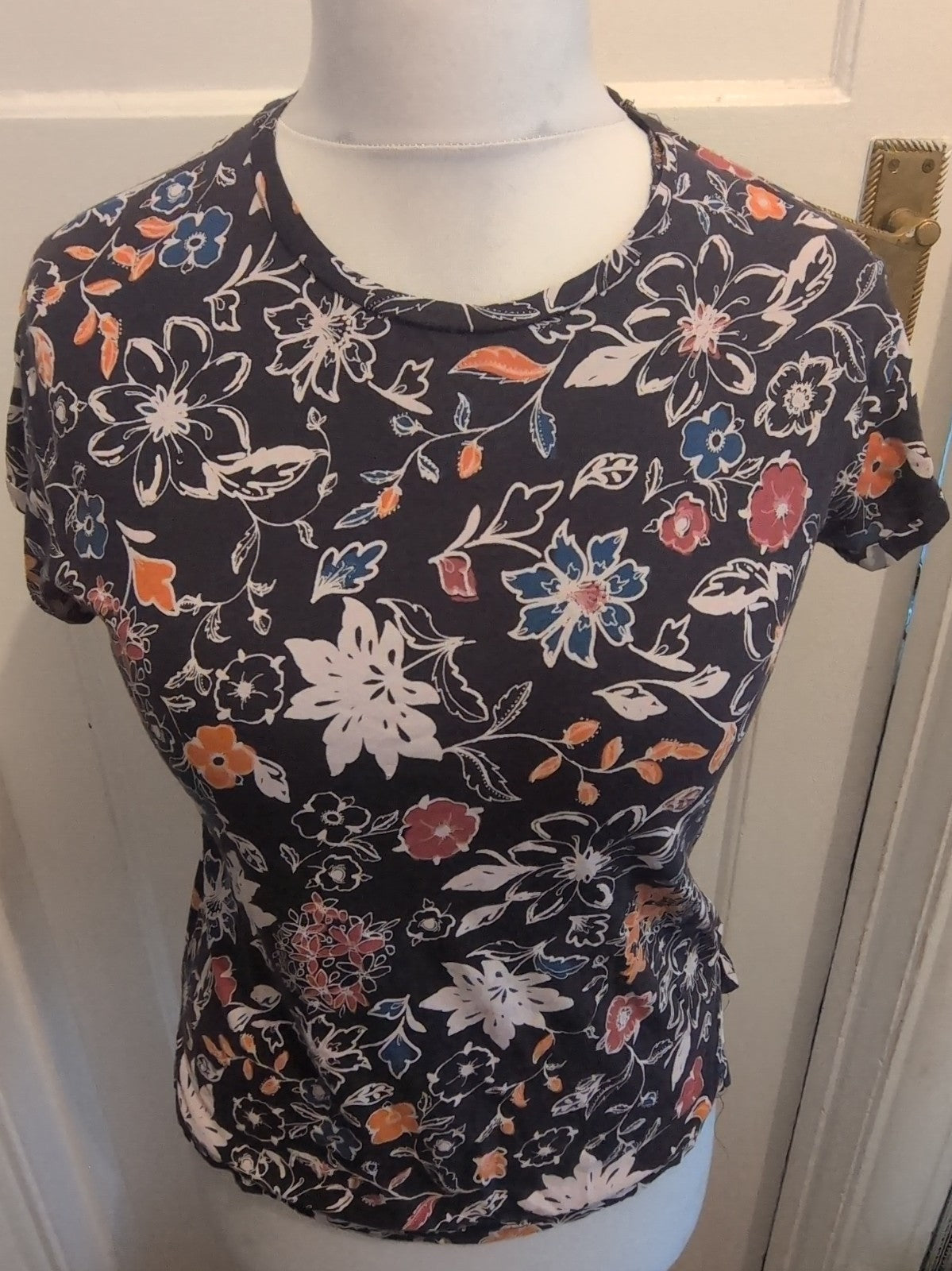 Stradivarius Medium Navy Floral Short Sleeve Blouse