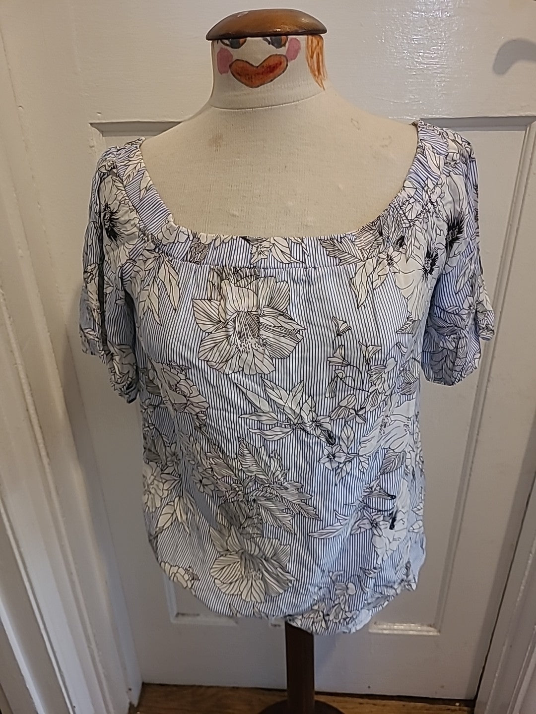 Ladies F&F Size 10 Blue Striped Floral Elasticated Hem Blouse