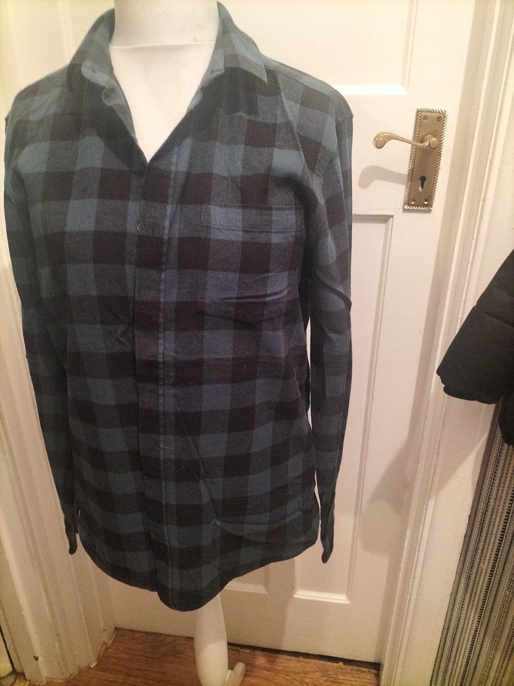 Mens Peacocks Size L Dark Teal Check Long Sleeved Shirt