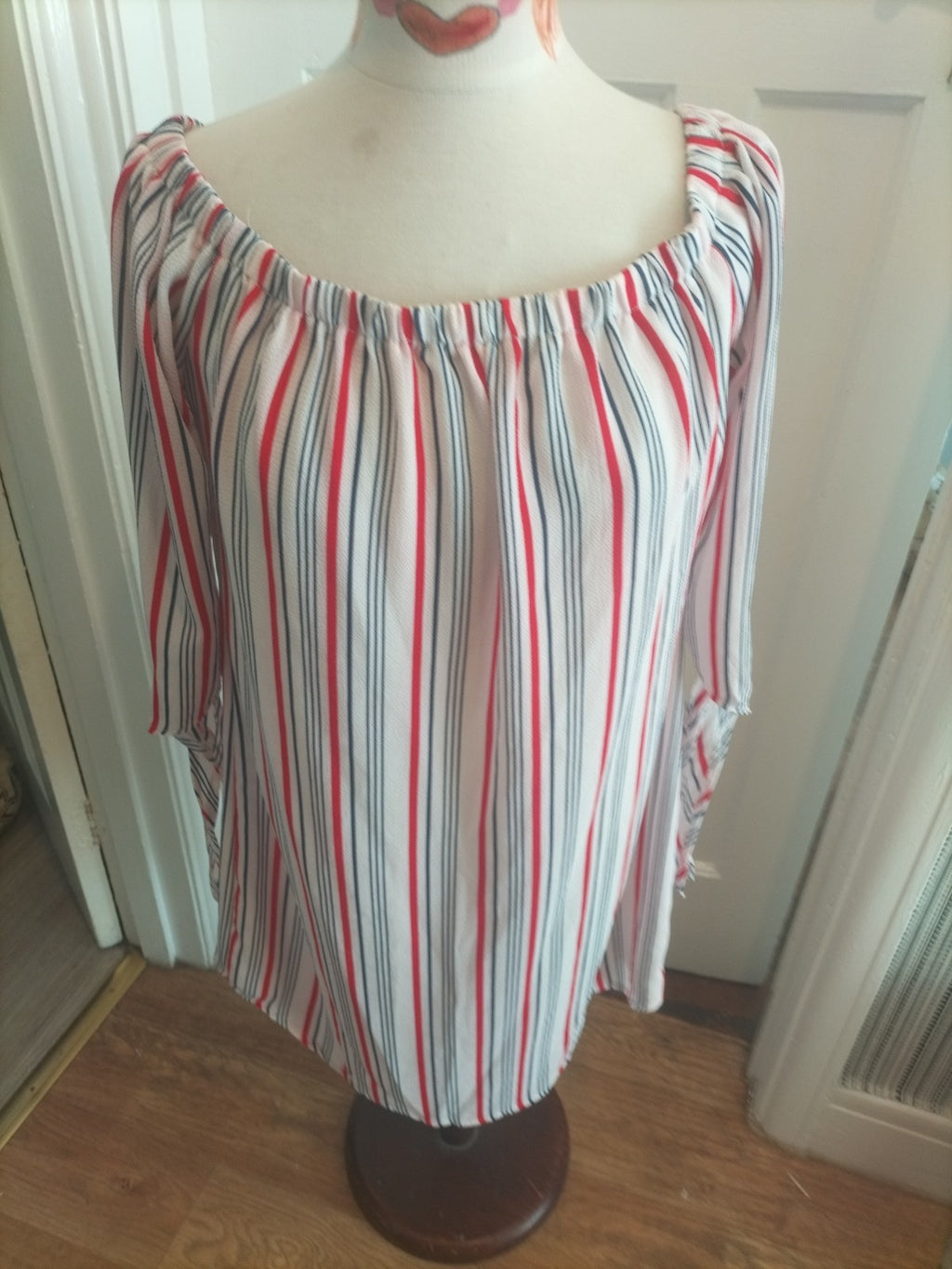 Ladies New Look Size 16 Red/White/Blue Striped Mid Sleeved Dress