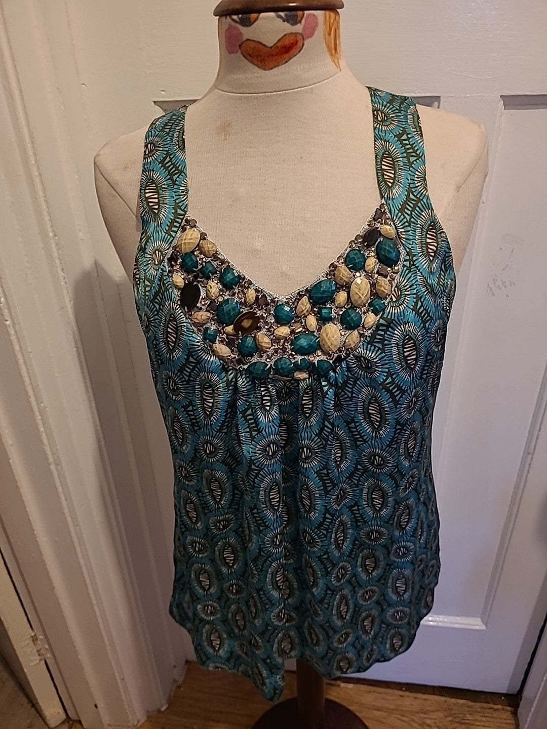 Ladies Wallis Size Small Turquoise Diamonte Sleeveless Blouse